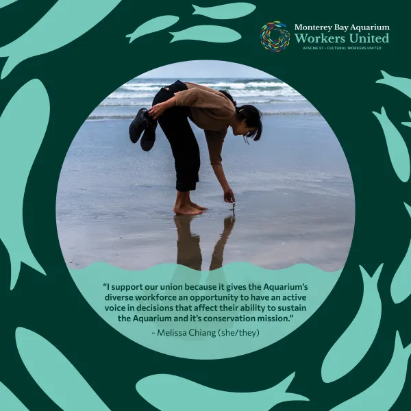 There is a photo of a person at the beach within a green fish-decorated frame. She is holding her shoes in her right hand and bending down to pick something up from the waves with her left. Below her image is the following quote: I support our union because it gives the Aquarium's diverse workforce an opportunity to have an active voice in decisions that affect their ability to sustain the Aquarium and its conservation mission. The quote is attributed to Melissa Chiang, she they.